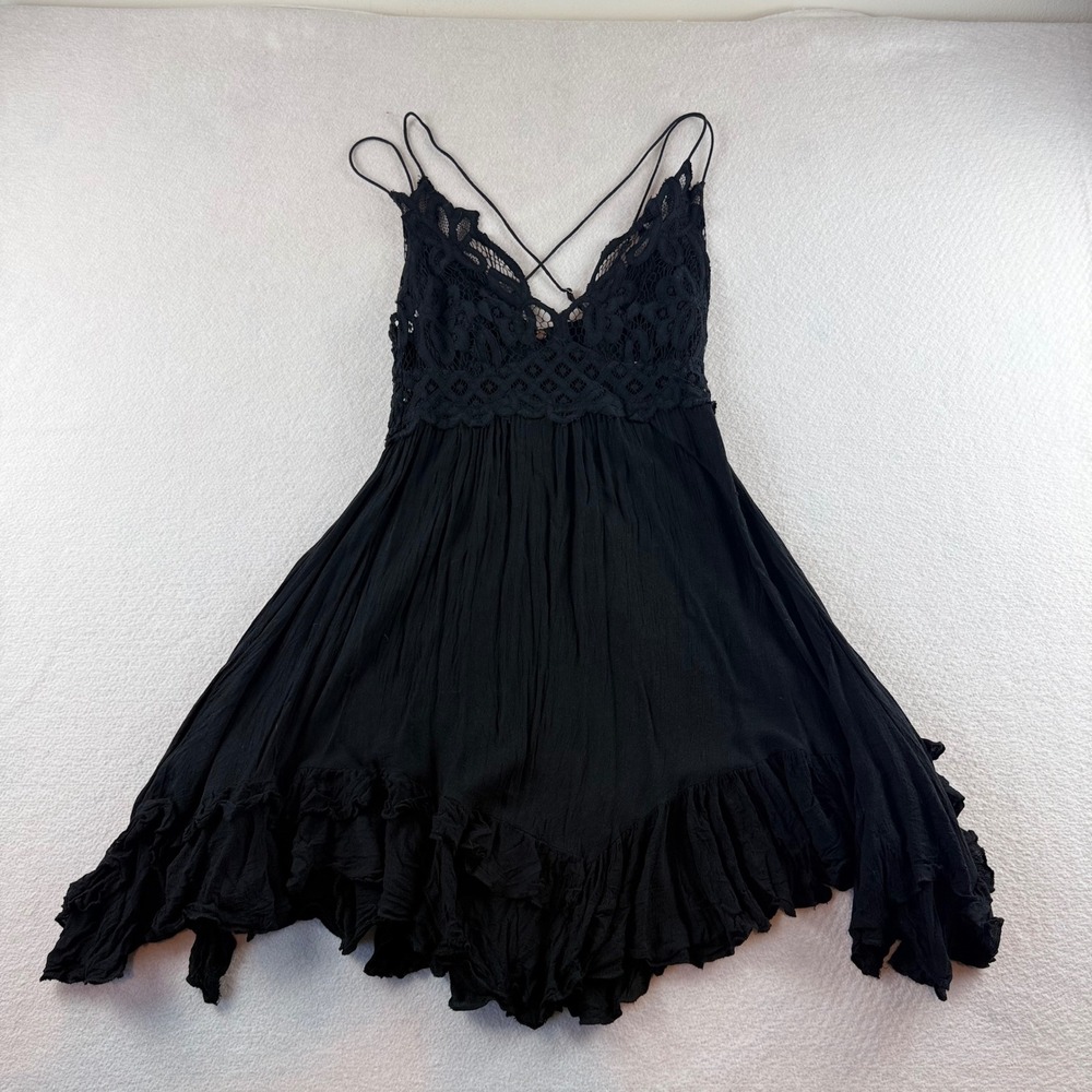 Free People FP One Black Lace Smocked Back Ruffle Asymmetrical Mini Dress S